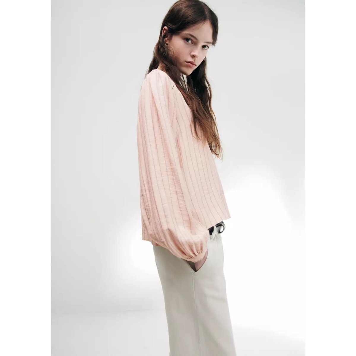 Blouse rayée avec détails ajourés rose pastel, MANGO TEEN
