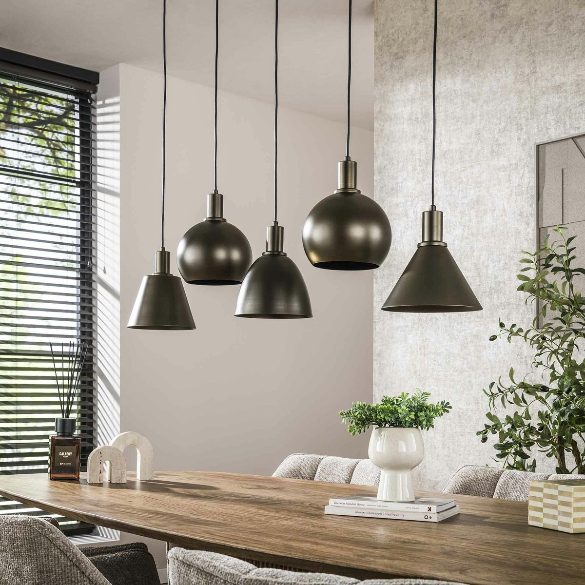 Suspension 5 abat-jour métal moderne TRIBECA brun, PIER IMPORT