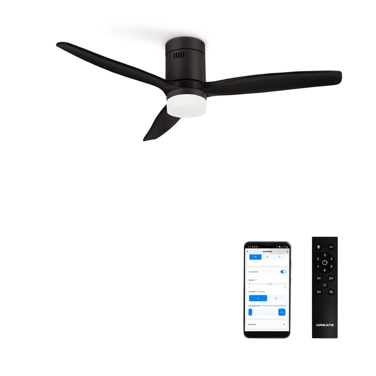 Ventilateur de plafond 40W avec lumière et Wi-Fi WIND CALM NATURAL WOOD noir/noir, CREATE