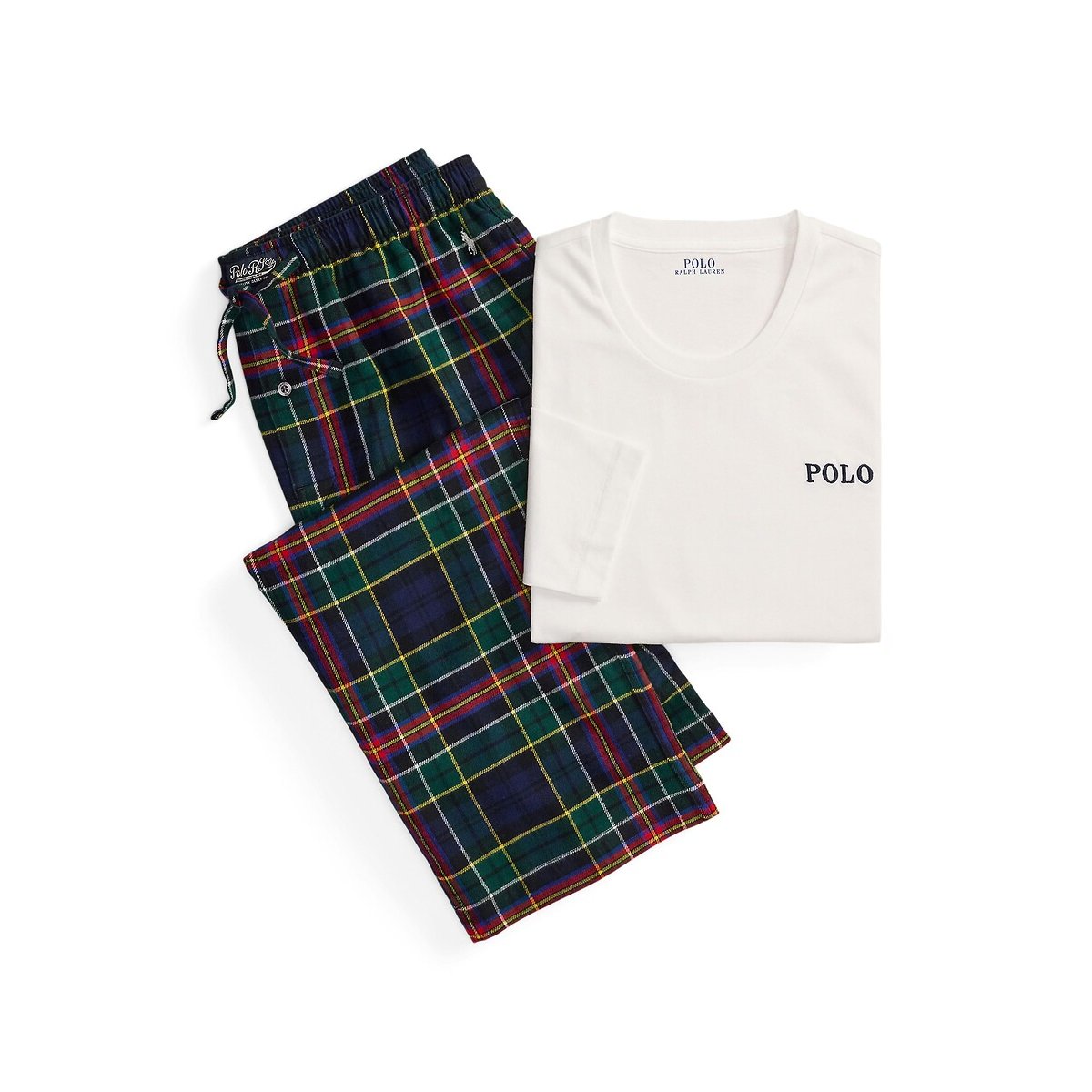 Pyjama jersey et flanelle écossaise blanc/vert/marine, POLO RALPH LAUREN