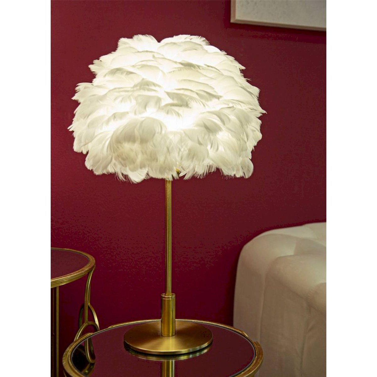 Lampe à poser pied en fer abat-jour plumes GLAM blanc et doré, RECOLLECTION