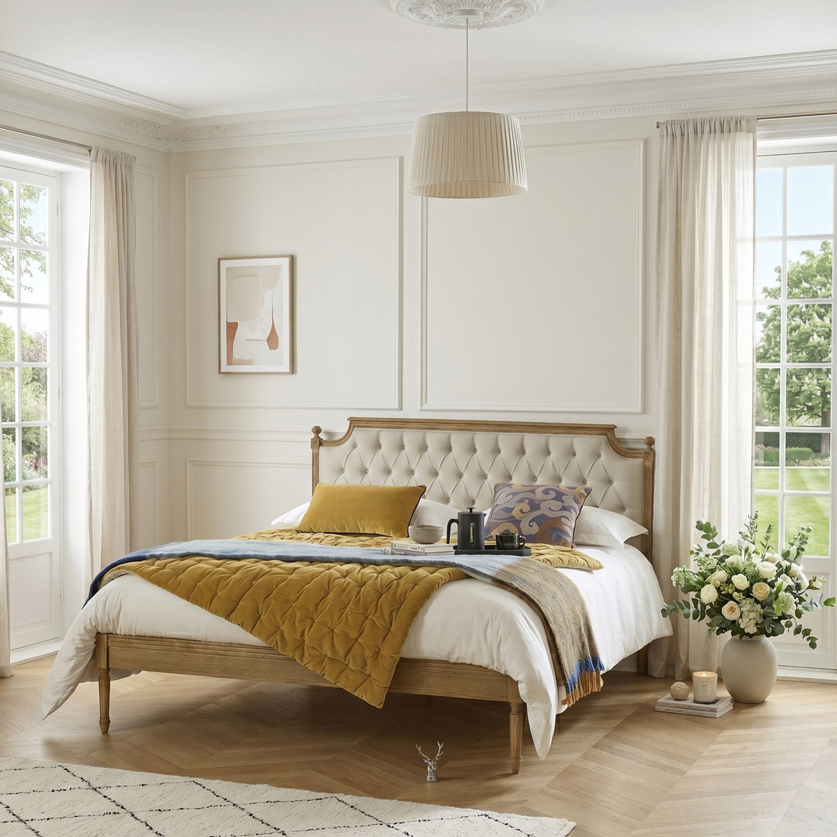 Lit deux places style romantique en chêne et lin premium JAMES marron, ROBIN DES BOIS