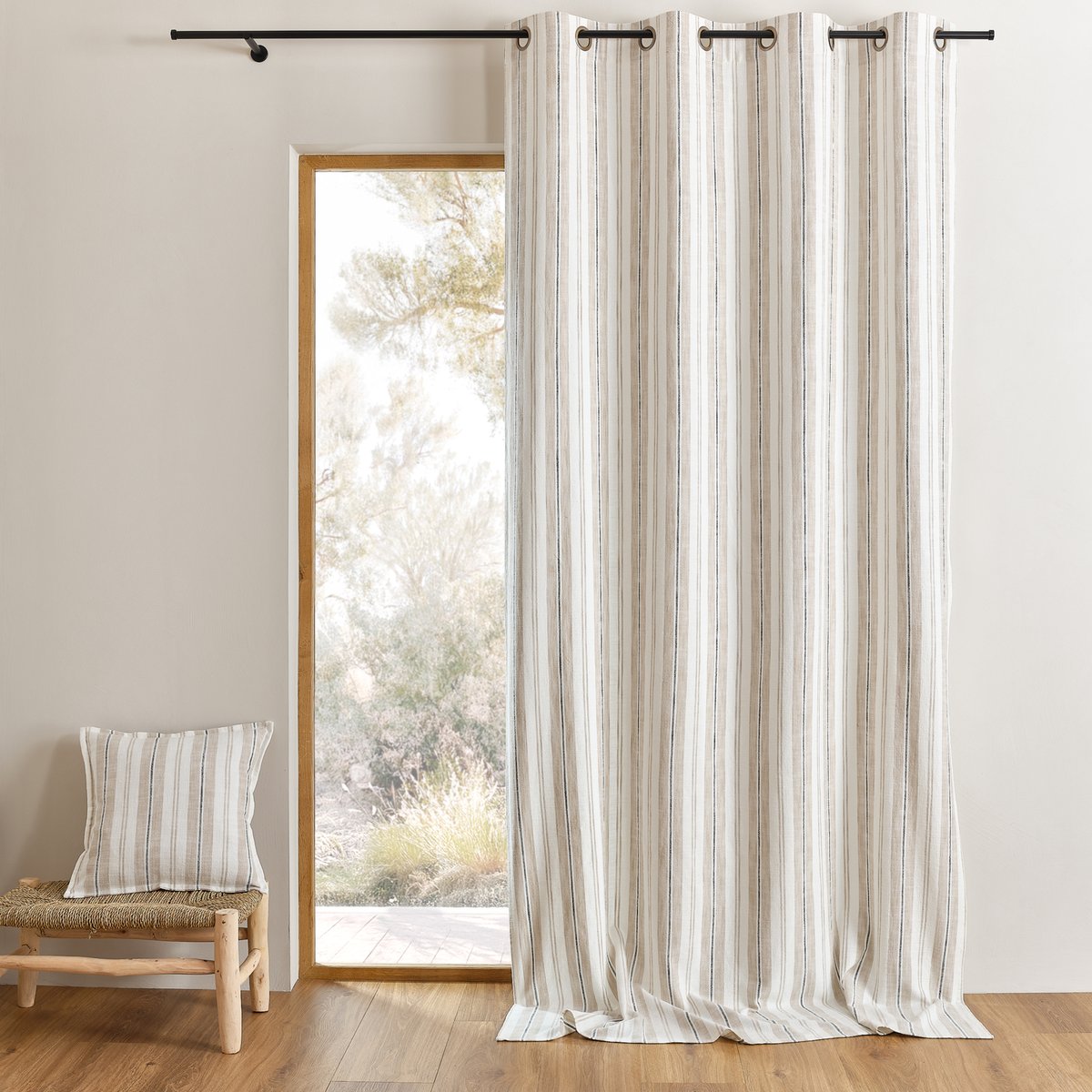 Rideau 100% coton rayures tapissier LOURMARIN - QABANE beige, HOME MAISON