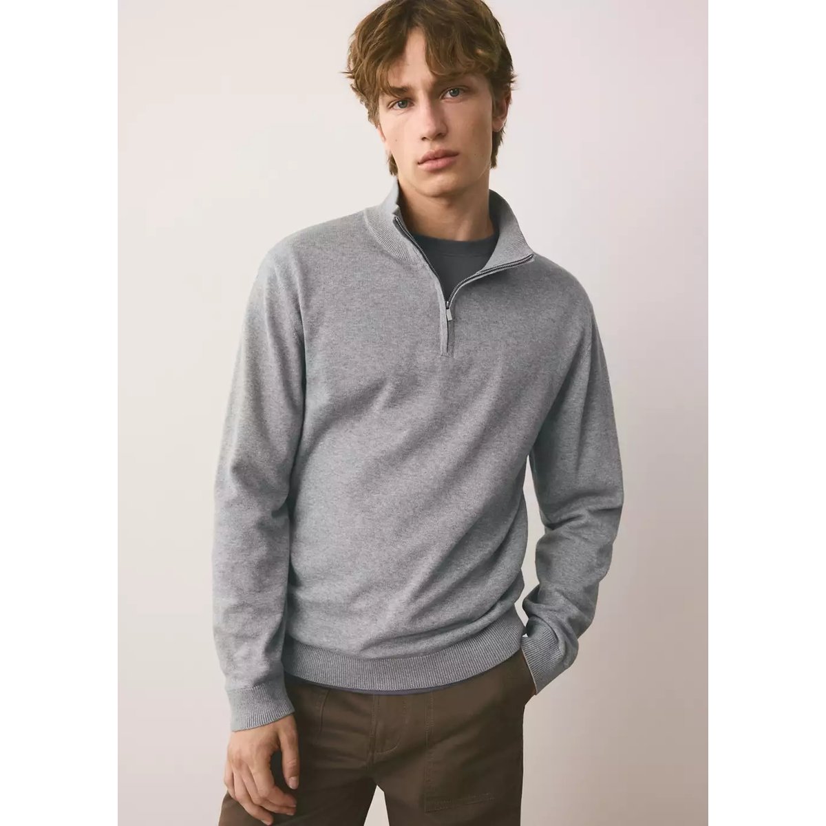 Pull col montant zip gris chiné clair, MANGO TEEN