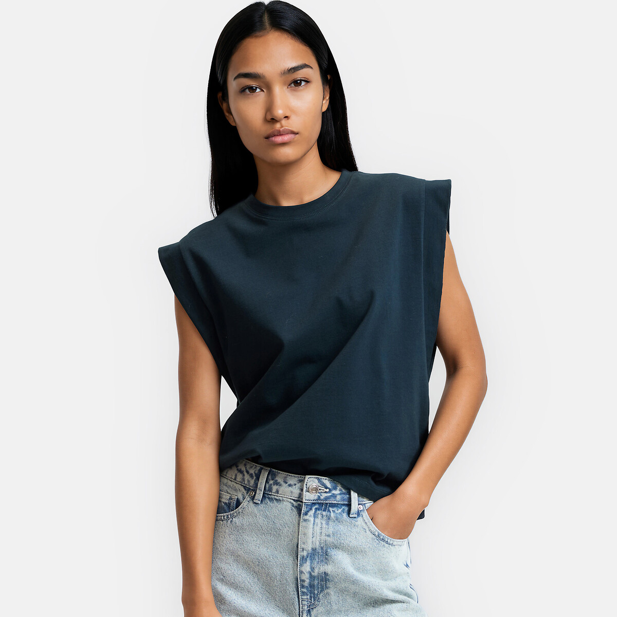 Cotton Sleeveless Vest Top with Crew Neck navy blue, LA REDOUTE COLLECTIONS
