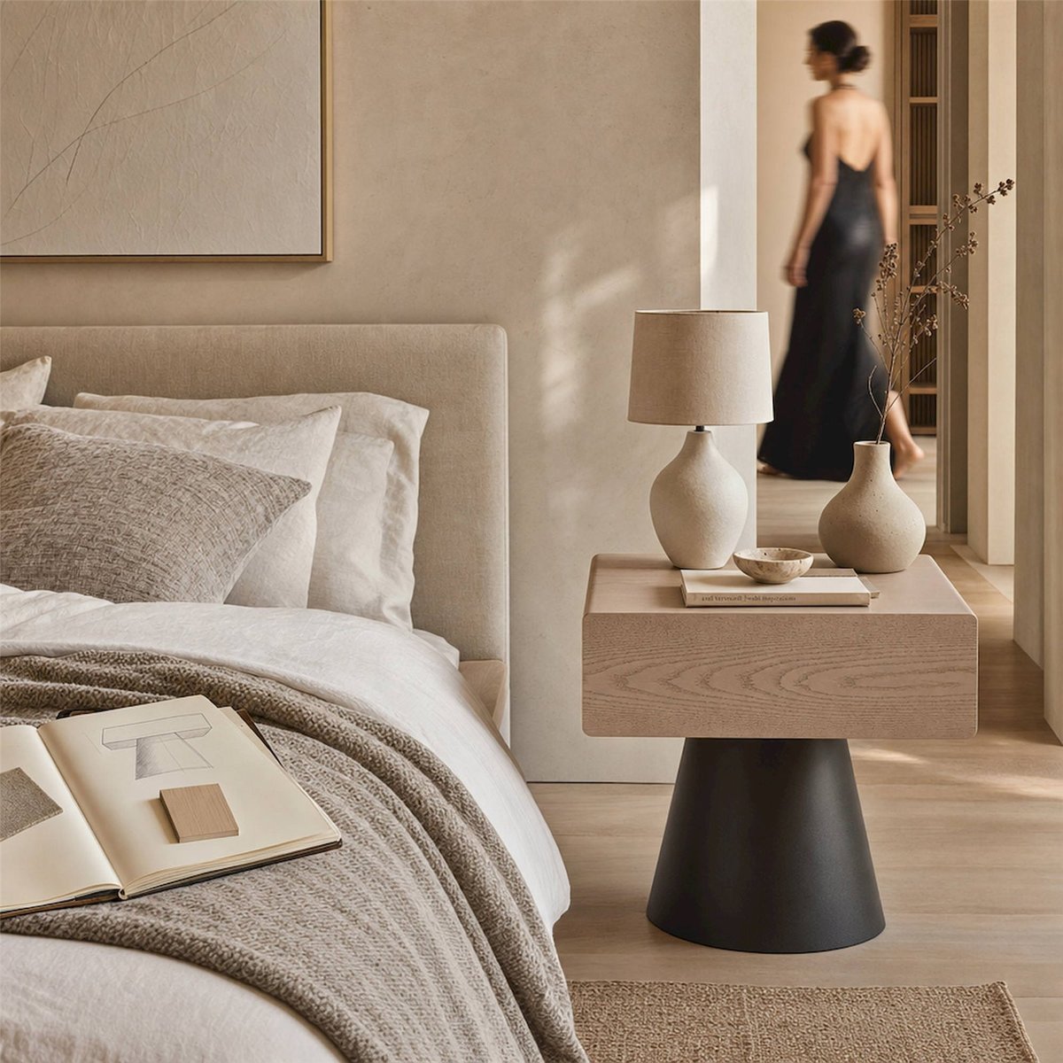 Table de chevet contemporaine en bois sable et noir, RECOLLECTION