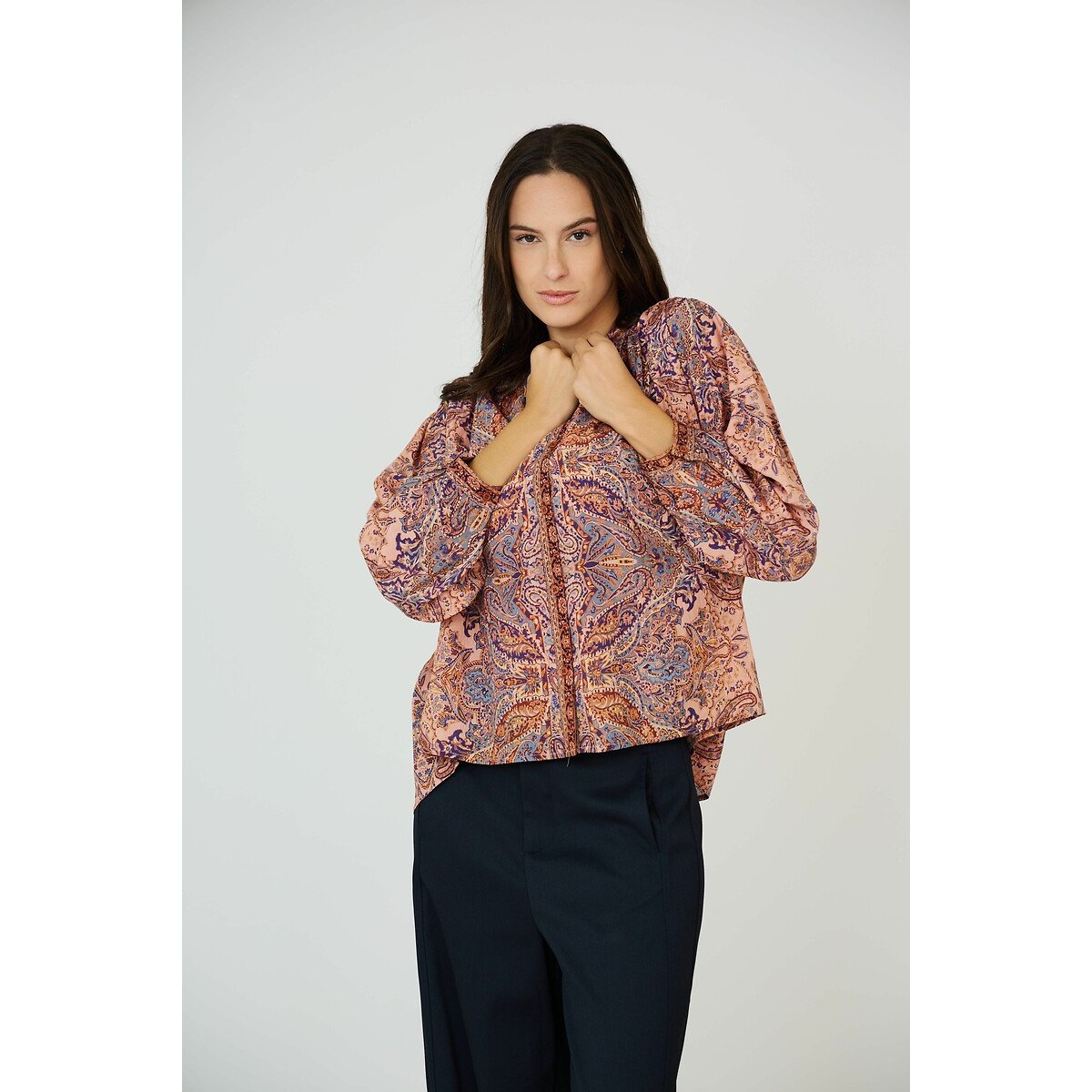 Tribal Print Blouse with Shirt Collar pink, SEE U SOON