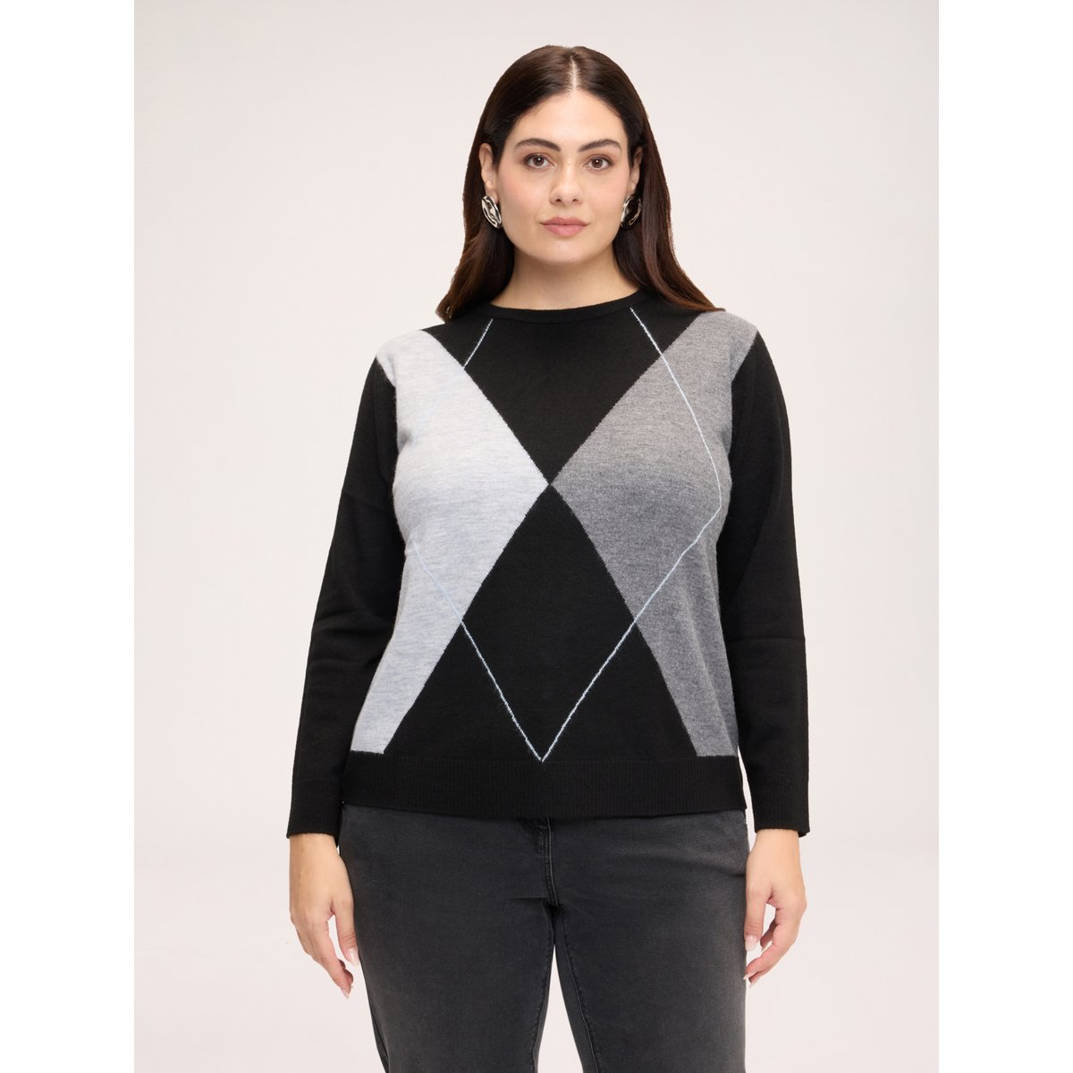 Pull col rond à motif argyle gris, FIORELLA RUBINO