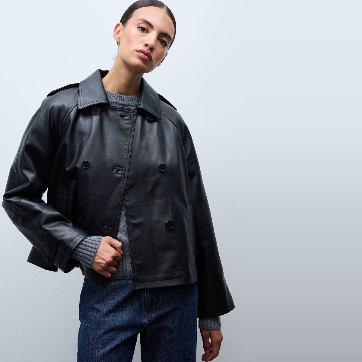 Caban court en cuir noir, MONOPRIX