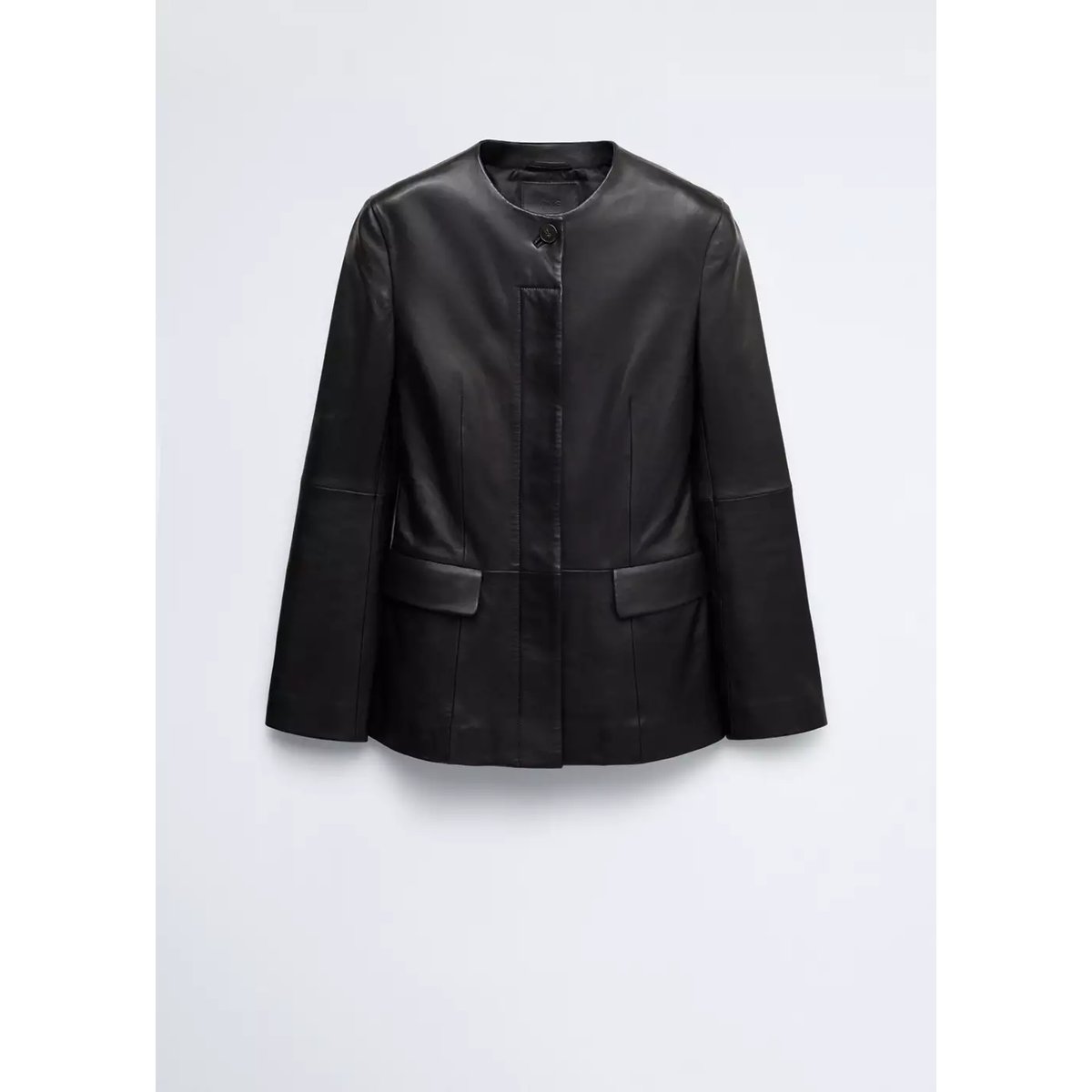 Blazer en cuir à col rond noir, MANGO
