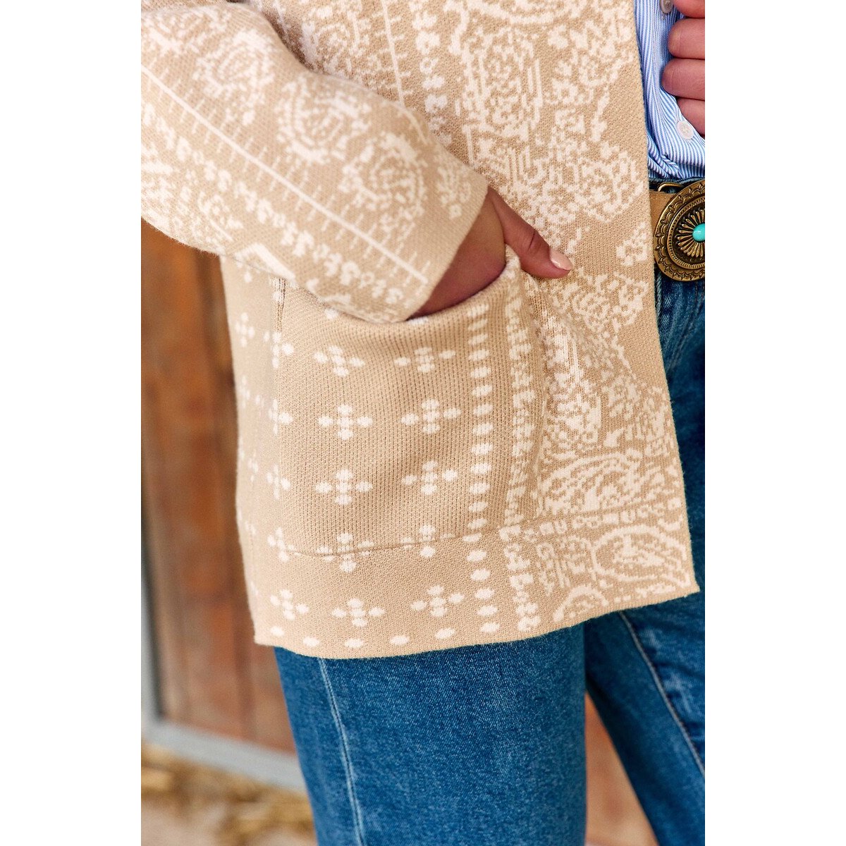 Damenstrickjacke MODENA mit Bandana-Print beige, LA PETITE ETOILE