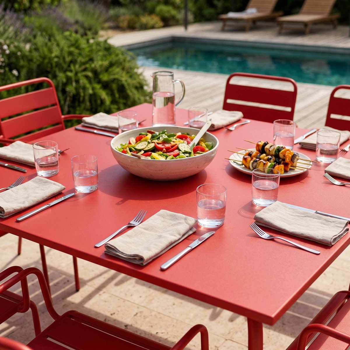 Salon de jardin table carrée et 8 fauteuils en métal, PALAVAS rouge, OVIALA