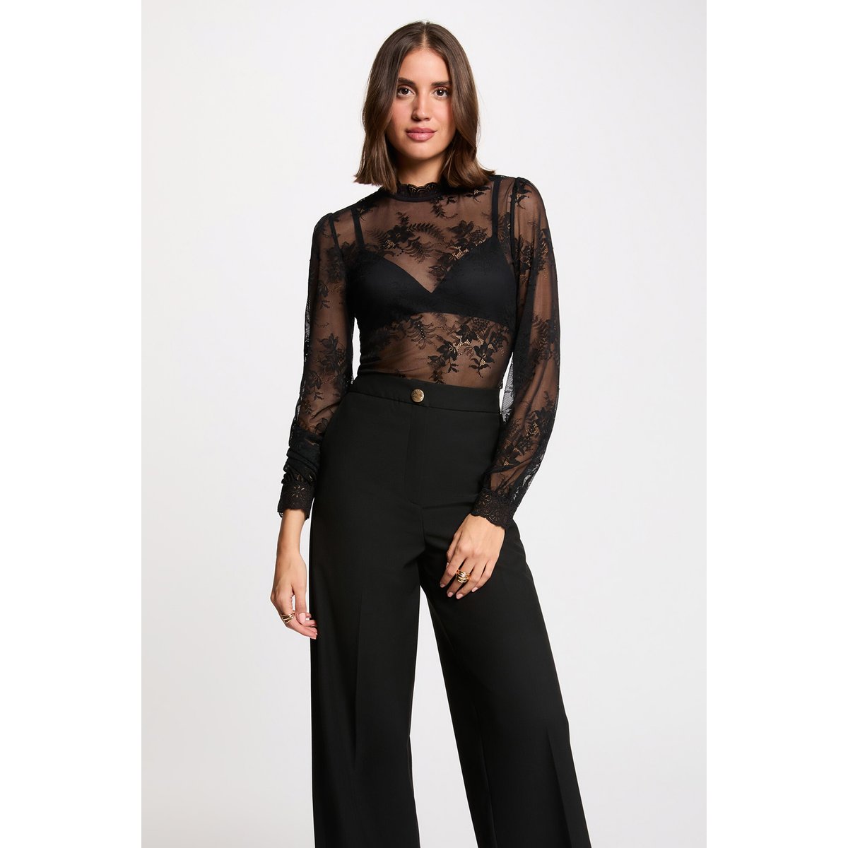 Body dentelle manches longues noir, MORGAN