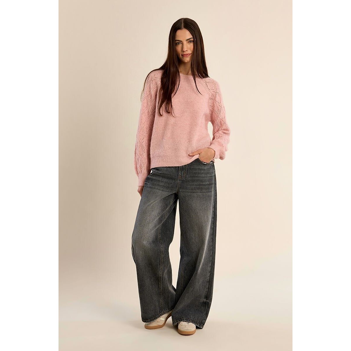Crew Neck Jumper with Openwork Sleeves pink, MOLLY BRACKEN