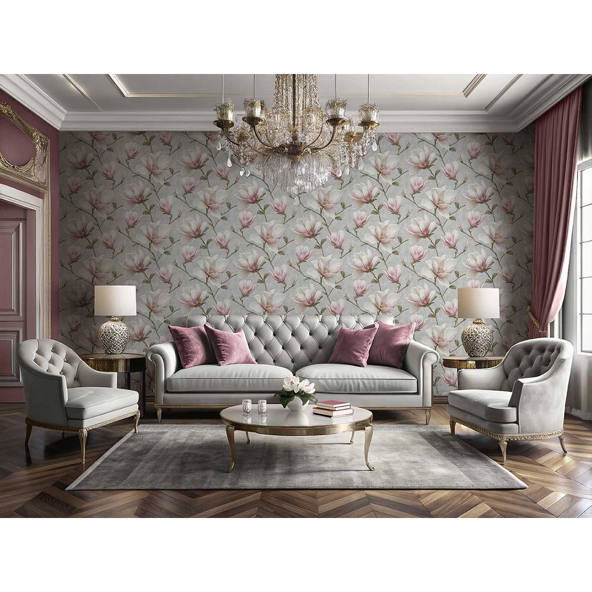 Papier peint magnolia rose et blanc fond gris rose, HEXOA