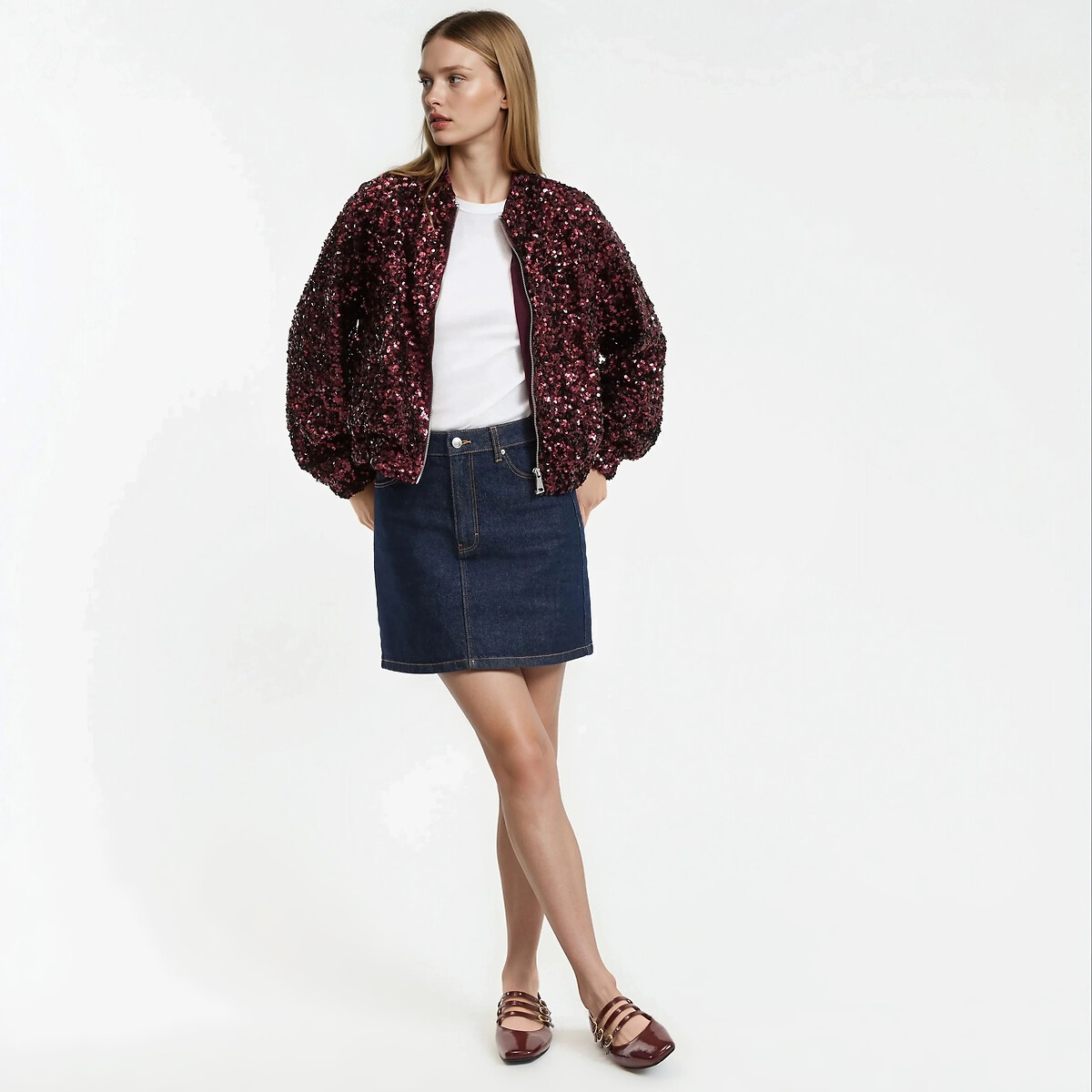Short Oversize Loose-Fit Sequin Jacket burgundy red, LA REDOUTE COLLECTIONS
