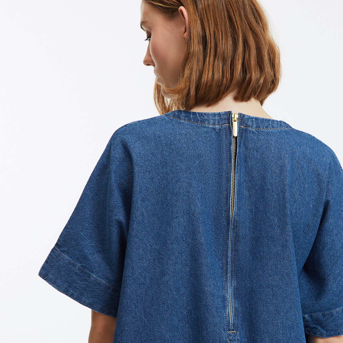 Flared Denim Dress with Short Sleeves untreated blue, LA REDOUTE COLLECTIONS