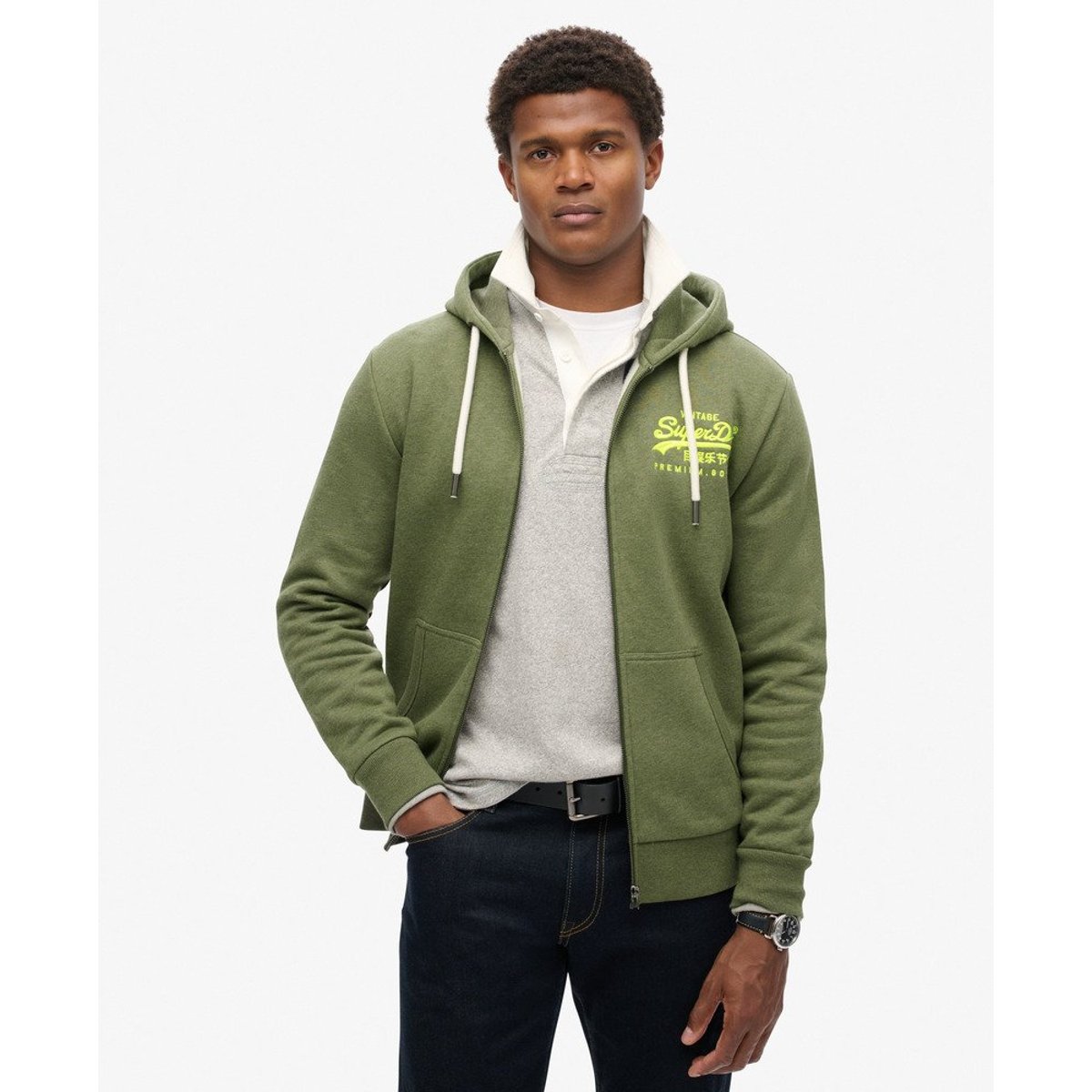 Sweat à capuche zippé à motif Neon Vintage Logo vert olive doux chiné, SUPERDRY