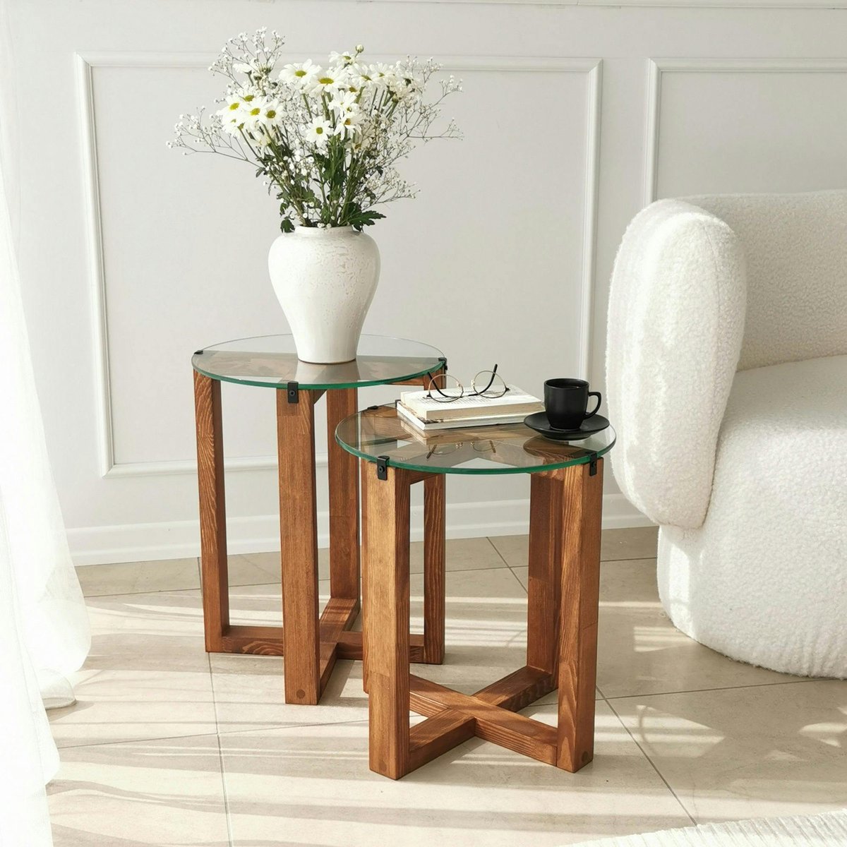 Bout de canapé bois brun avec plateau verre (lot de 2) ANZIO bois naturel, PIER IMPORT