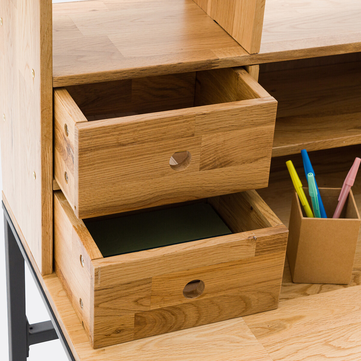 Bureau chêne plaqué métal acier avec réhausse Hiba chêne/noir, LA REDOUTE INTERIEURS