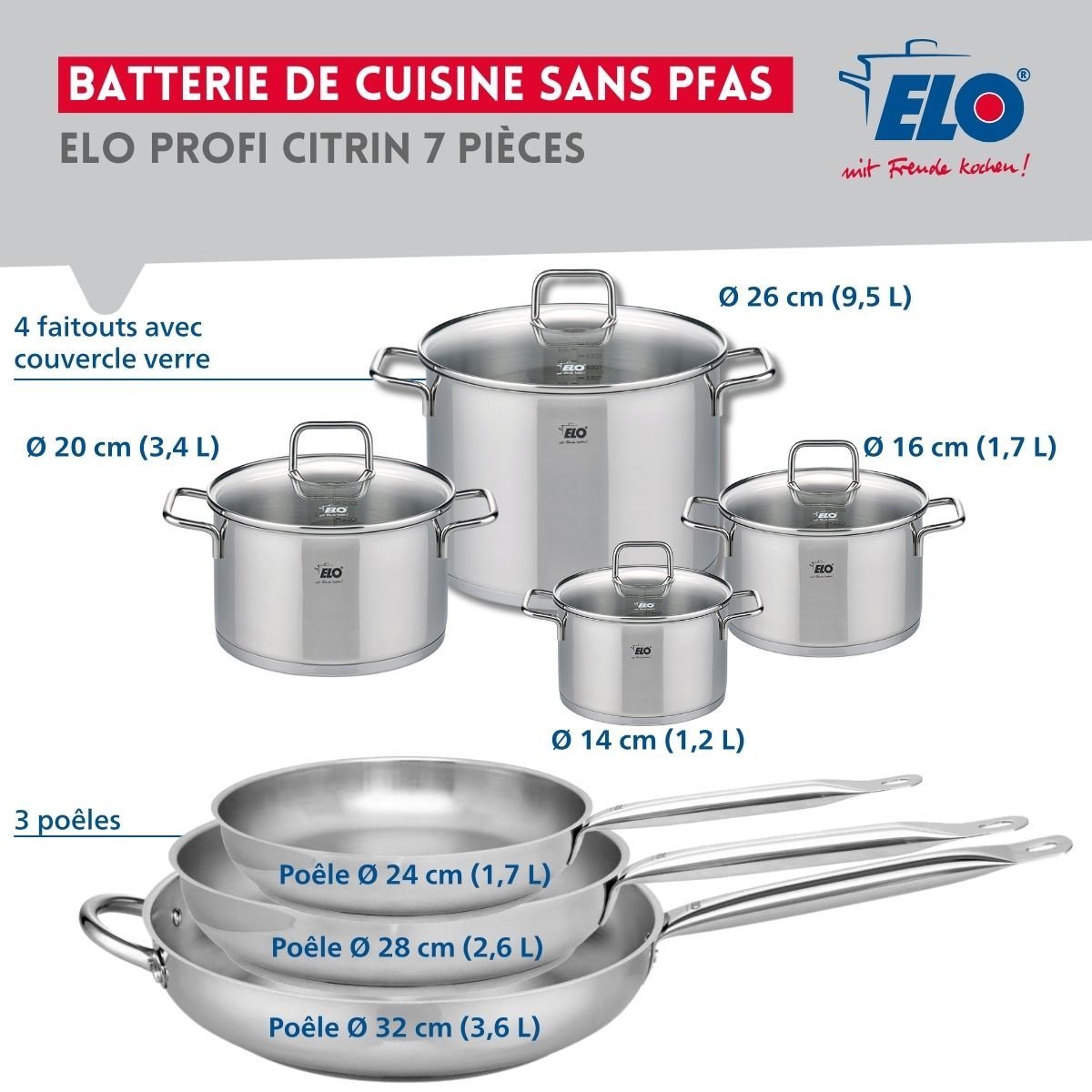 3 poêles 24/28/32cm + 4 faitouts 14/16/20/26cm PROFI CITRIN gris, ELO