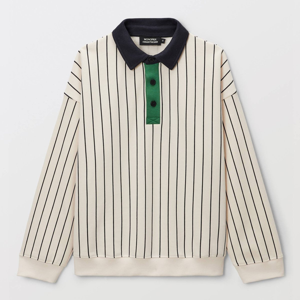 Sweat col polo rayé en coton BIO GOTS naturel, MONOPRIX