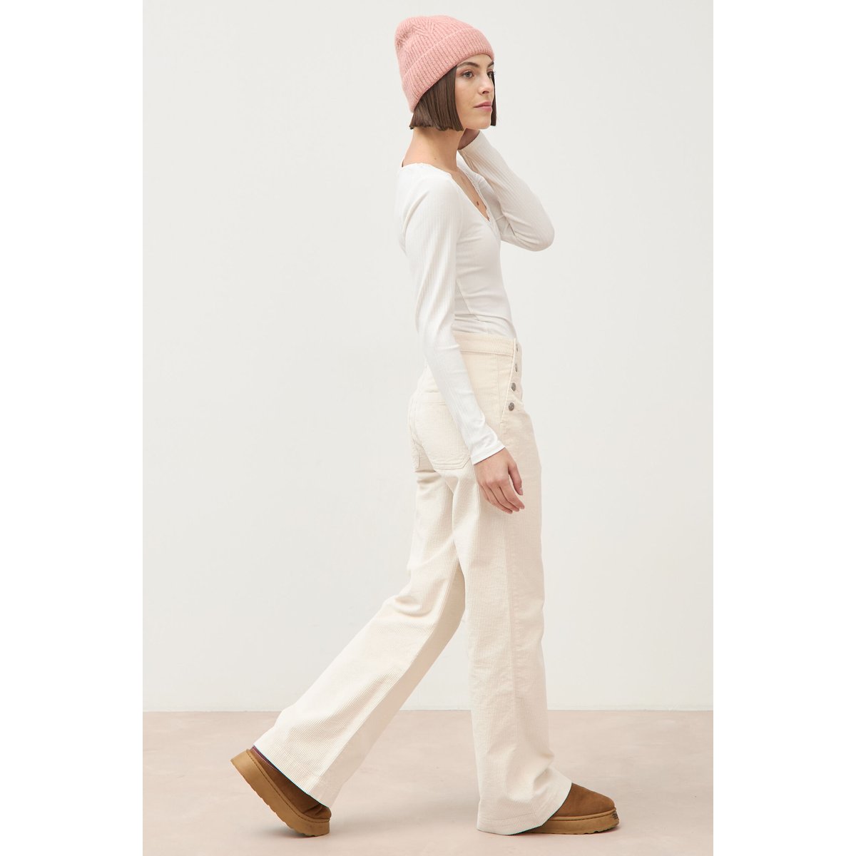 Pantalon large taille haute en velours ivoire, BONOBO