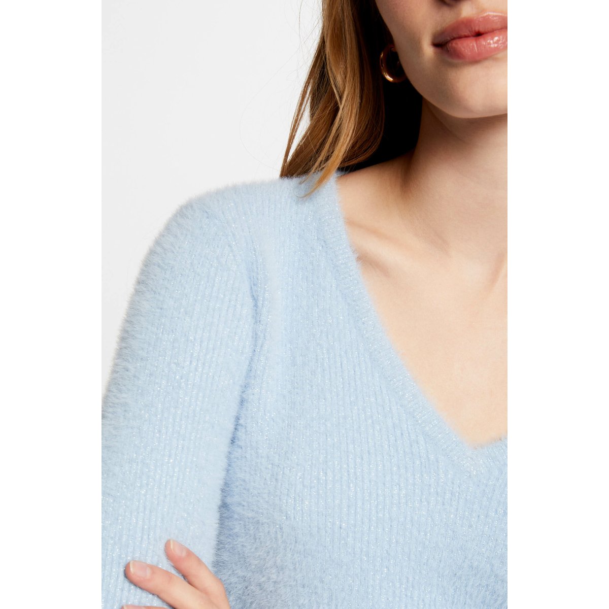 Pull col V en fine maille bleu moyen, MORGAN