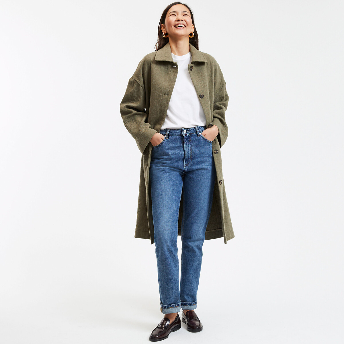 Oversized buttoned overcoat khaki green, LA REDOUTE COLLECTIONS