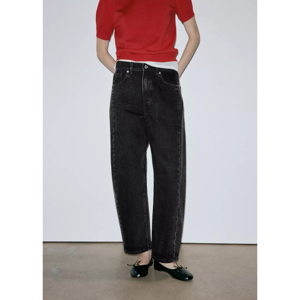 Jean balloon coutures black denim, MANGO