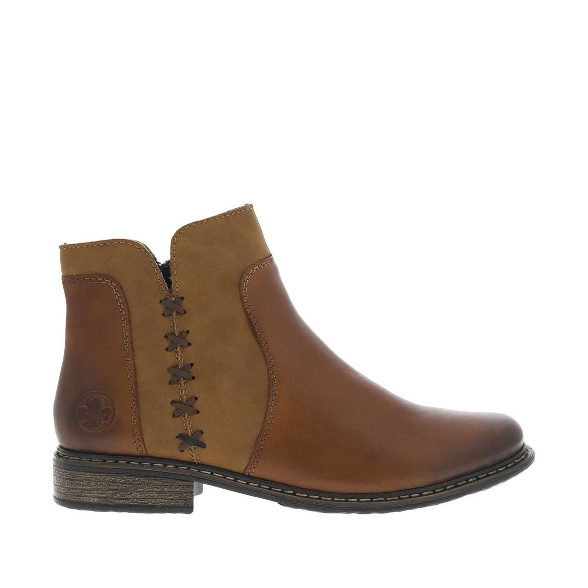 Boots en cuir à talon décroché bas avec un zip et logo embossé cognac, RIEKER
