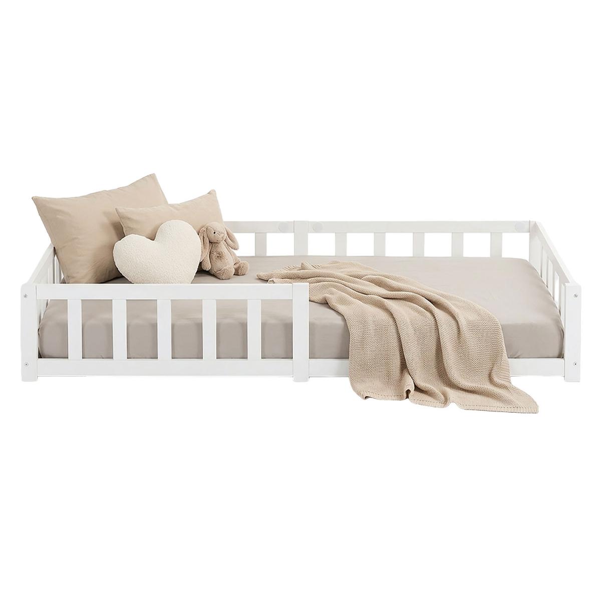 Lit enfant Montessori 90x200 cm blanc, bois massif, sommier, barrière, entrée réversible couleur unique, HOMESTYLE4U