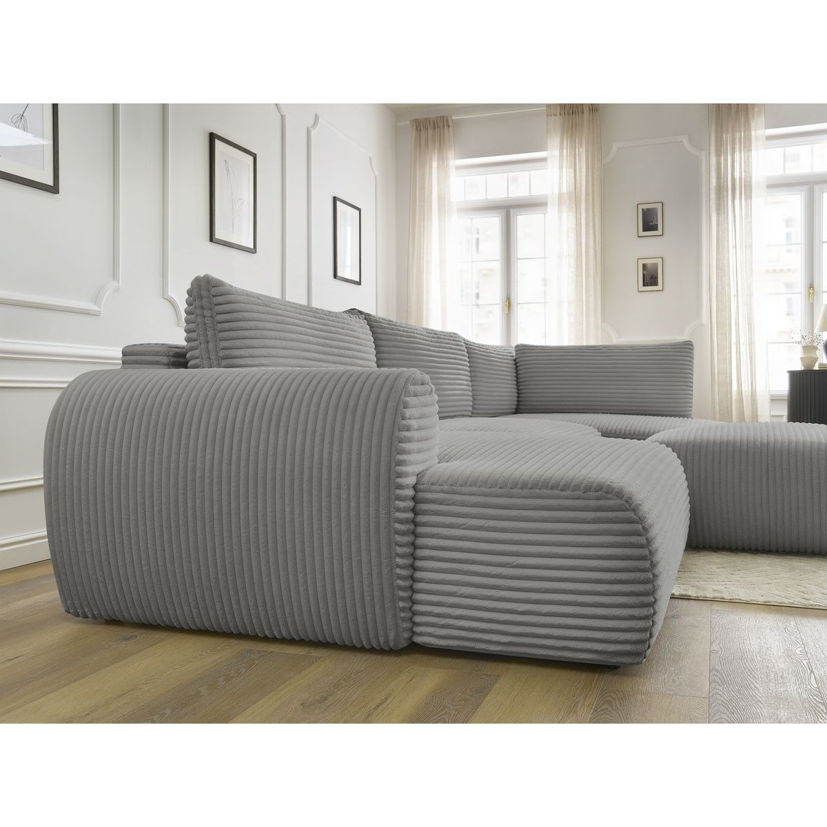 Canapé panoramique convertible 6 places en gros côtelé doux avec pouf, LUCIEN gris foncé, BOBOCHIC