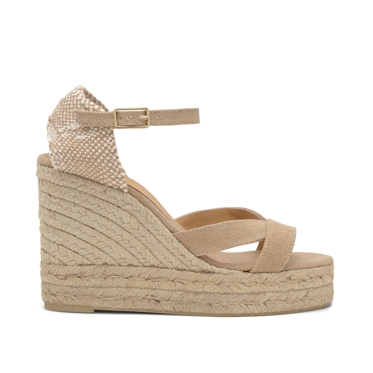 Sandales compensées en coton bio et jute tressée à bride cheville BRUNA EXTRA PLATFORM sable, CASTANER