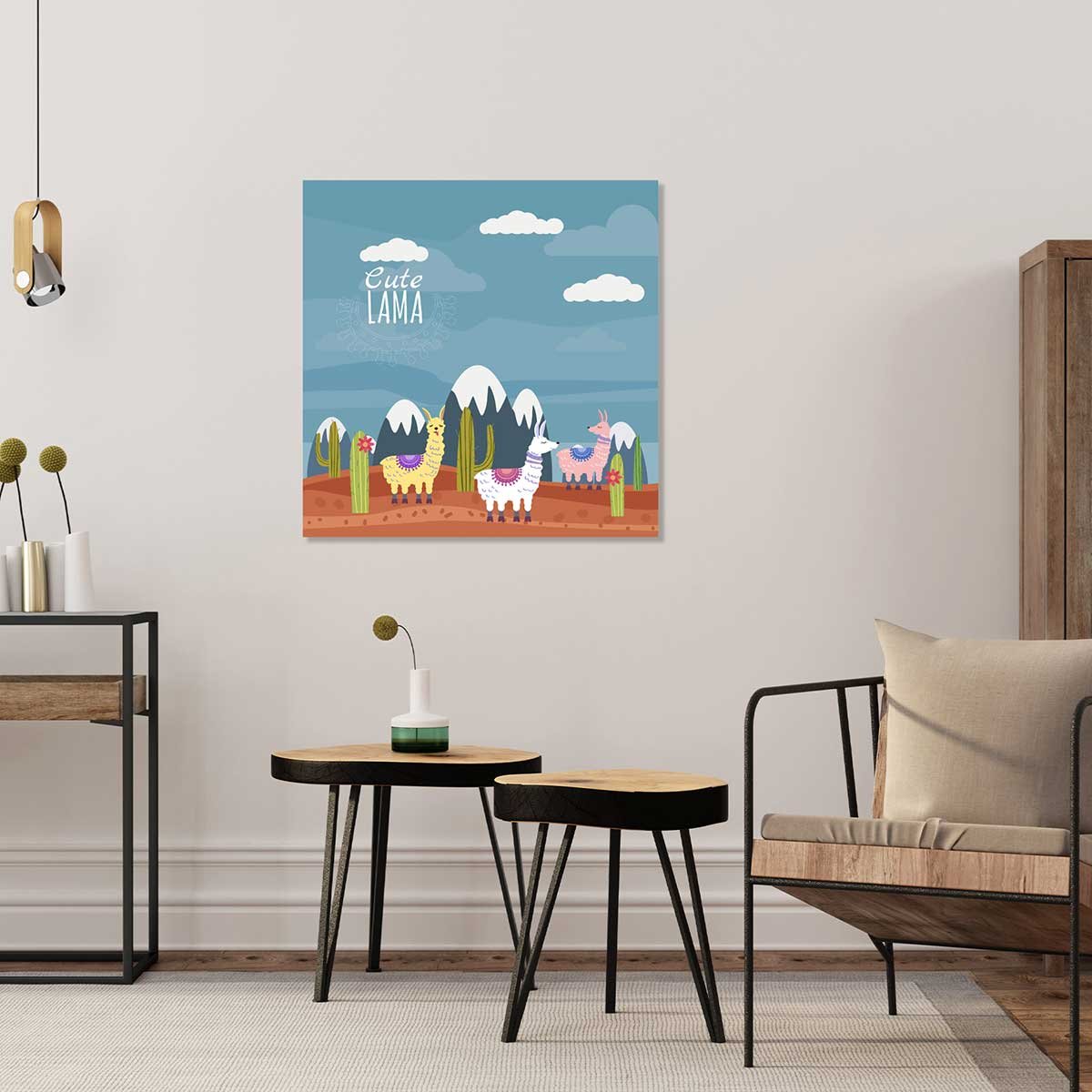 Tableau Affiche illustration lamas et sommets enneigés toile imprimée, HEXOA