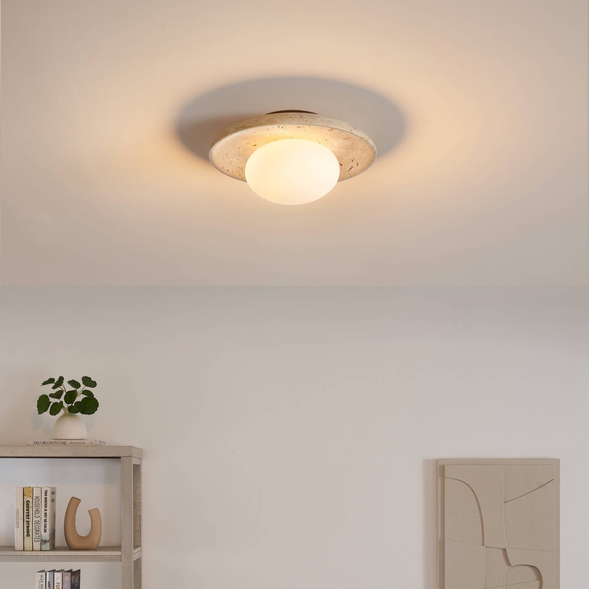 Petit plafonnier avec plateau en pierre - JIO beige blanc et bois, KOSILUM