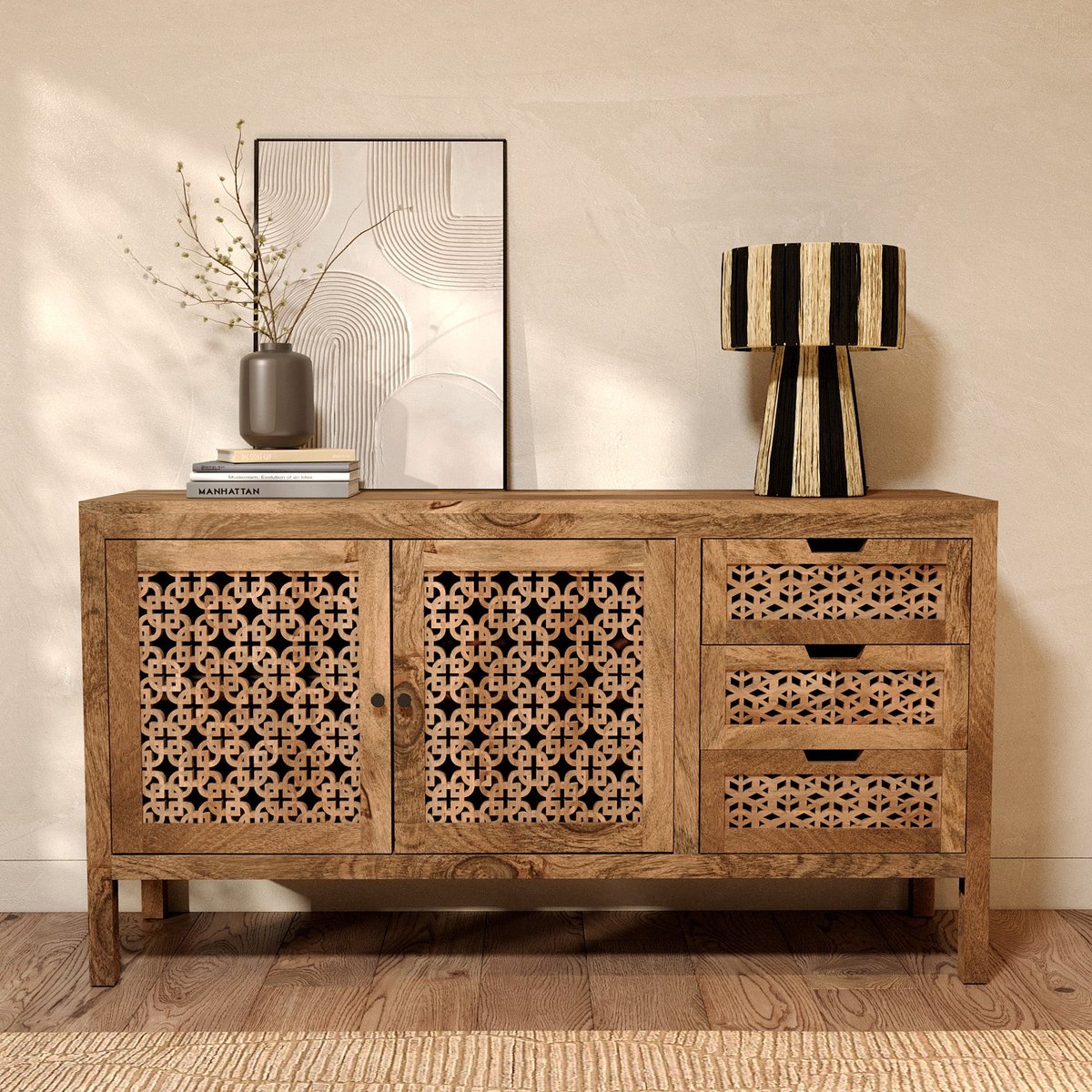 Buffet ajouré en bois de manguier - JAYA bois foncé, MAISON PAVANE