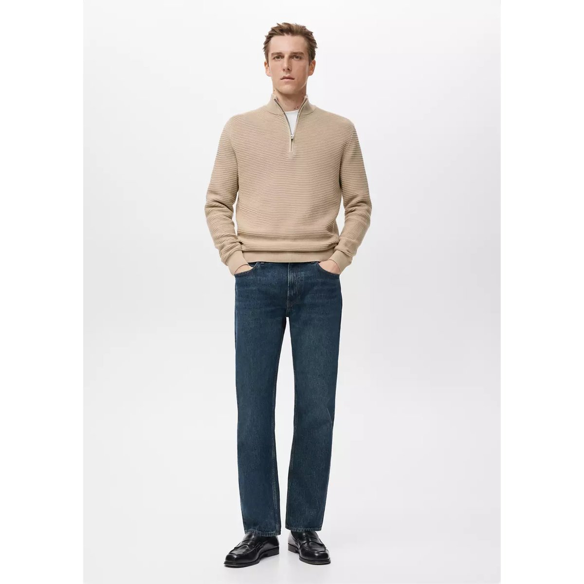 Pull-over coton col zippé beige, MANGO MAN