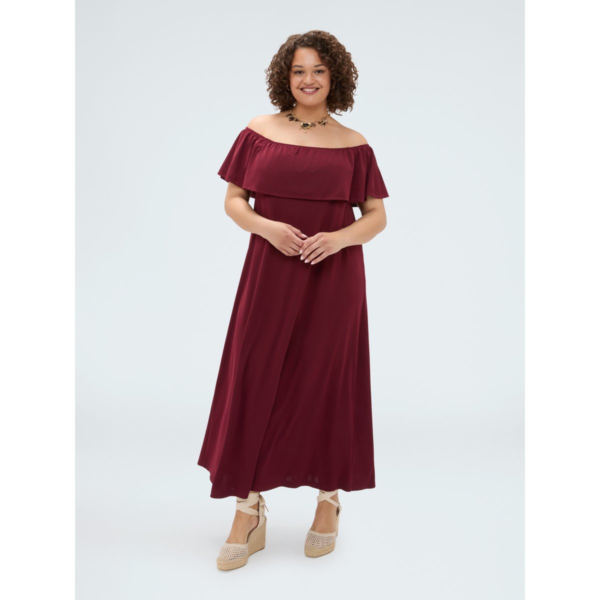 Robe longue Chill à épaules dénudées avec volants burgundy, FIORELLA RUBINO