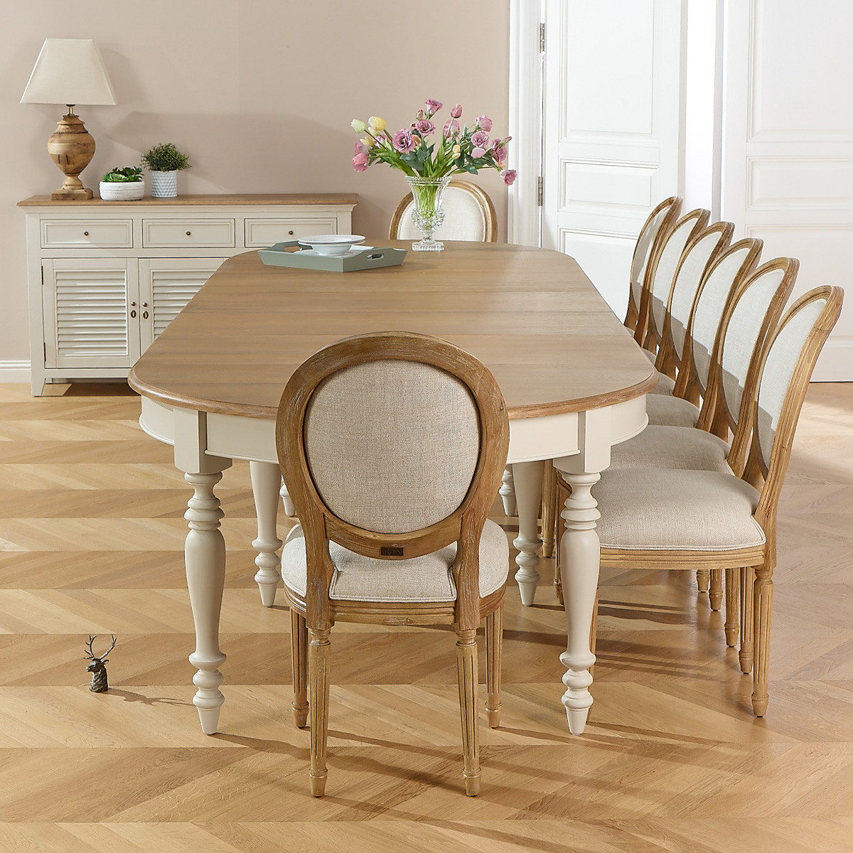 Table à manger modulable, plateau en chêne, 14 couverts JADE blanc, ROBIN DES BOIS