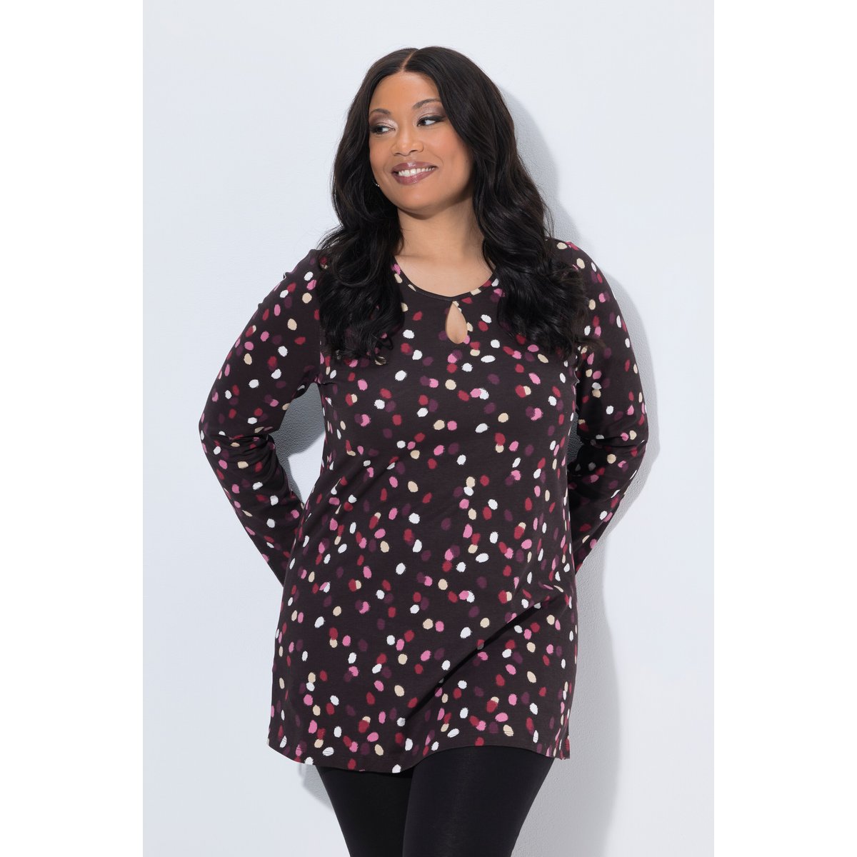 T-shirt long imprimé à pois acajou, ULLA POPKEN