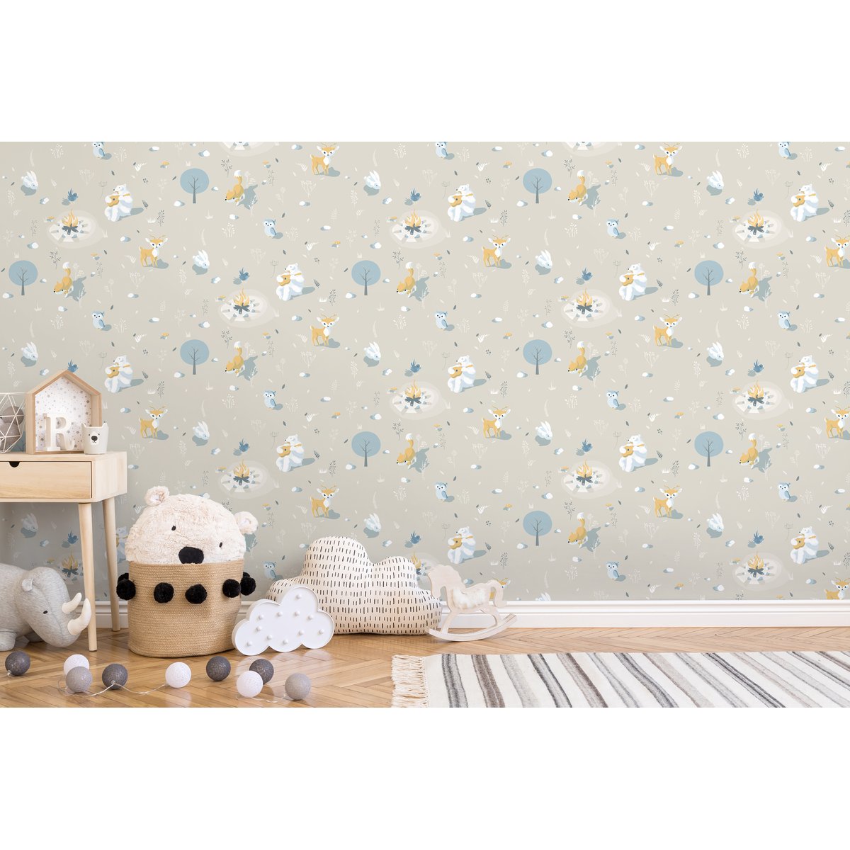 Papier peint enfant animaux forêt fond beige beige, HEXOA