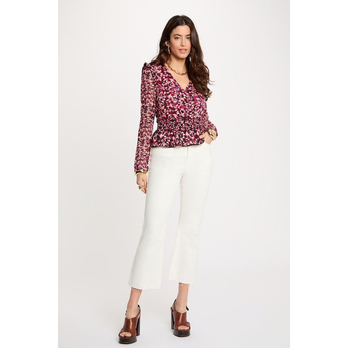 Blouse imprimée col V imprimé rose, MORGAN