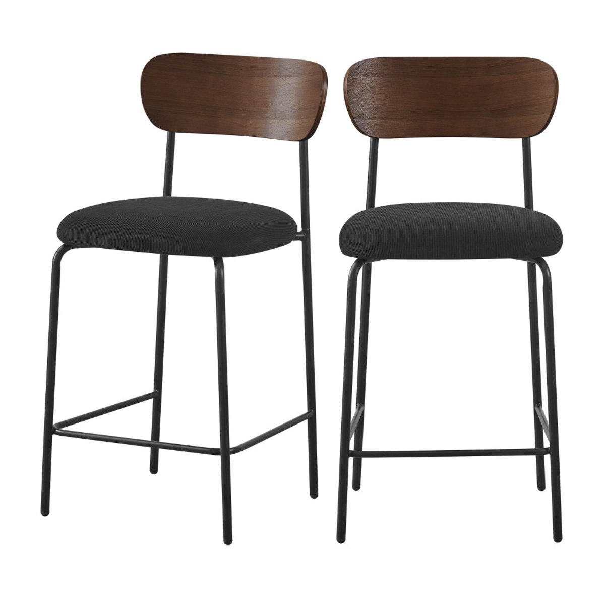 Lot de 2 chaises de bar bois foncé velours côtelé et métal H65cm- JESS noir, DRAWER