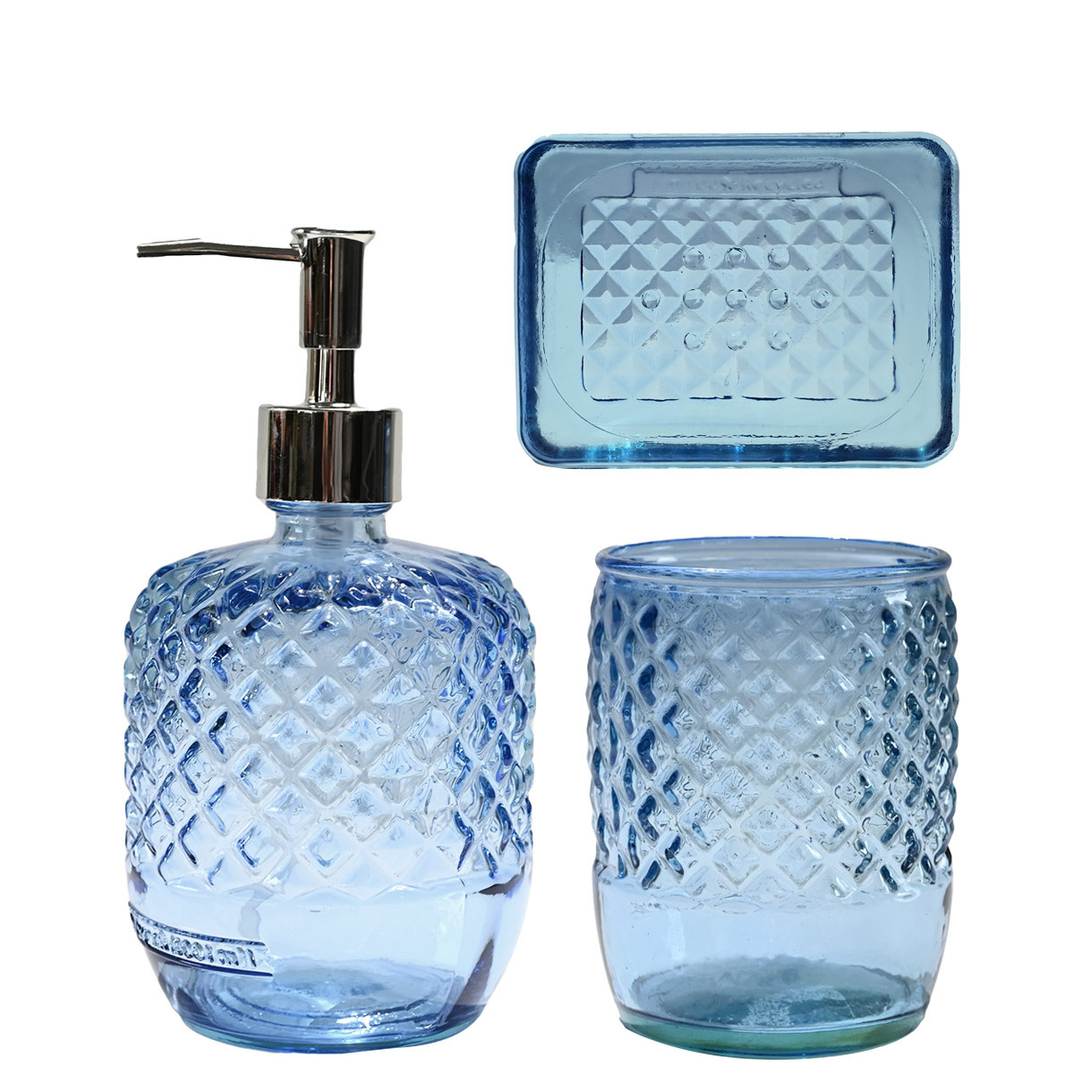 Set accessoires salle de bain en verre recyclé DIAMOND ciel, SENSEI MAISON