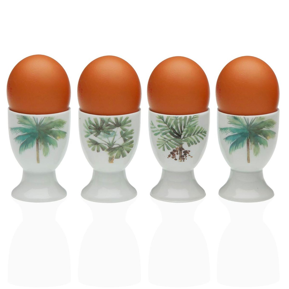 Set de 4 coquetiers en porcelaine blanche motifs palmiers 4.5x4.5x6.5cm vert, VERSA
