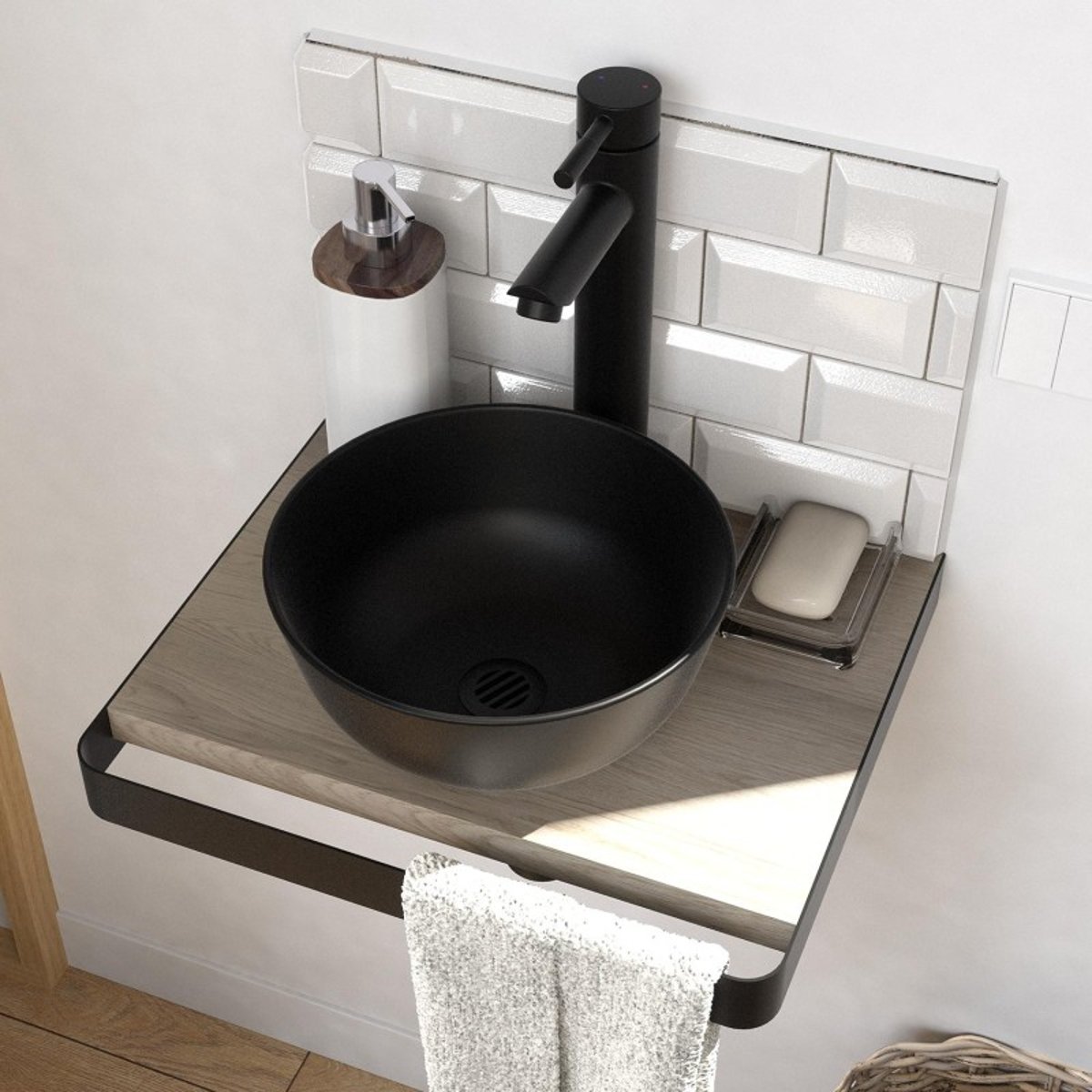 Lave-mains plan fin + vasque + miroir SOHO décor chêne, MOB IN