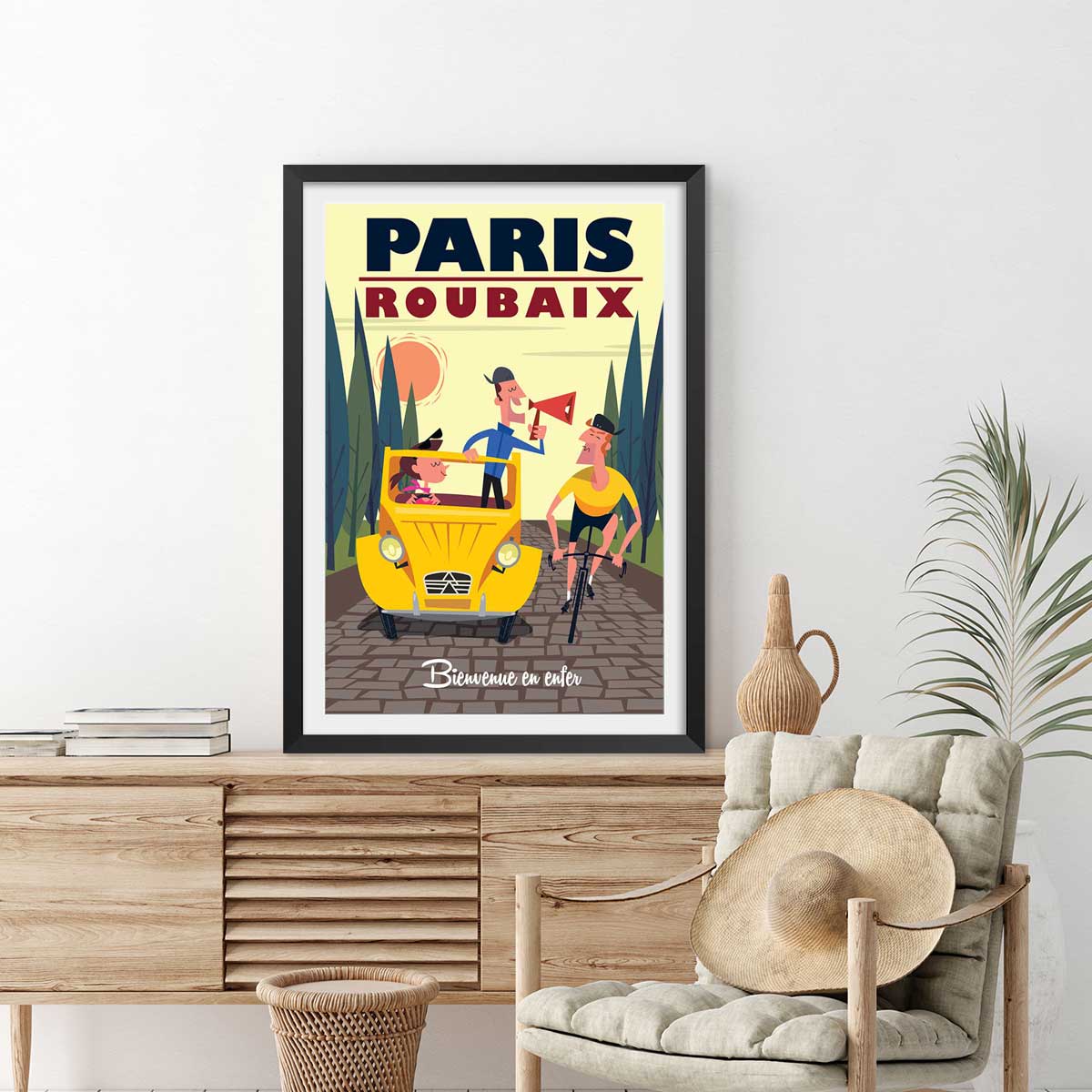 Affiche Course Paris - Roubaix affiche + cadre en bois - noir, HEXOA