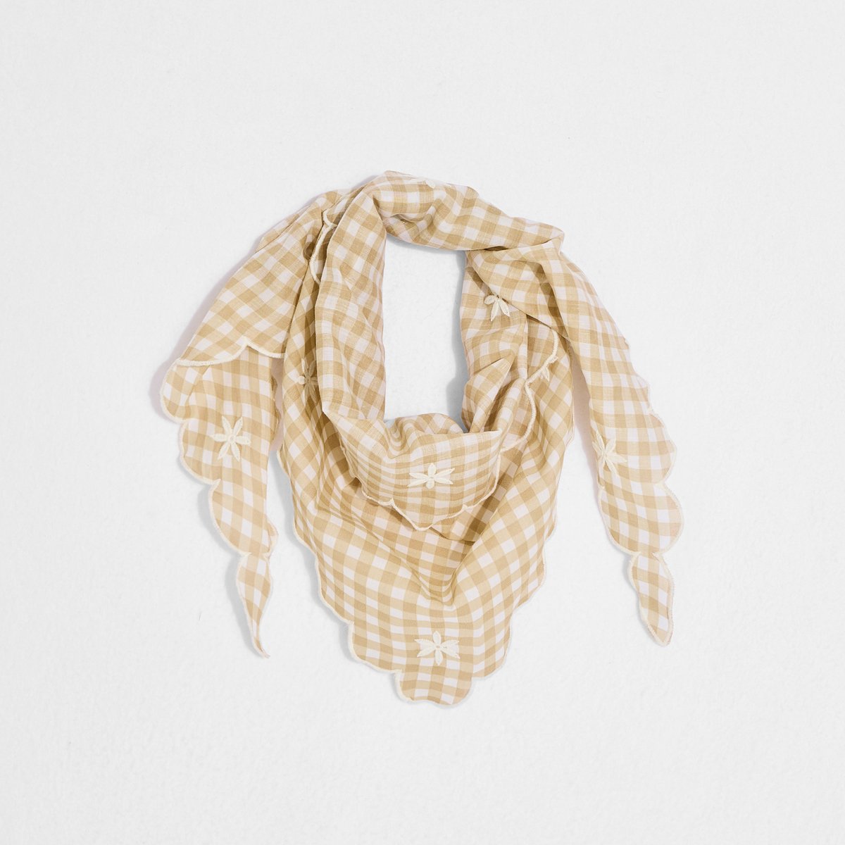 Foulard triangle motif vichy brodé beige, GRAIN DE MALICE