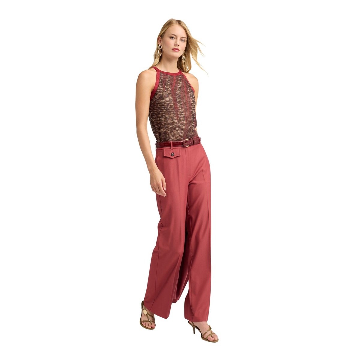 Pantalon palazzo à pli marqué rouge, MOTIVI